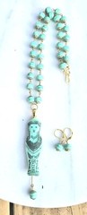 VINTAGE EGYPTIAN MUMMY SARCOPHAGUS PENDANT URANIUM GLASS BEAD NECKLACE SET OOAK