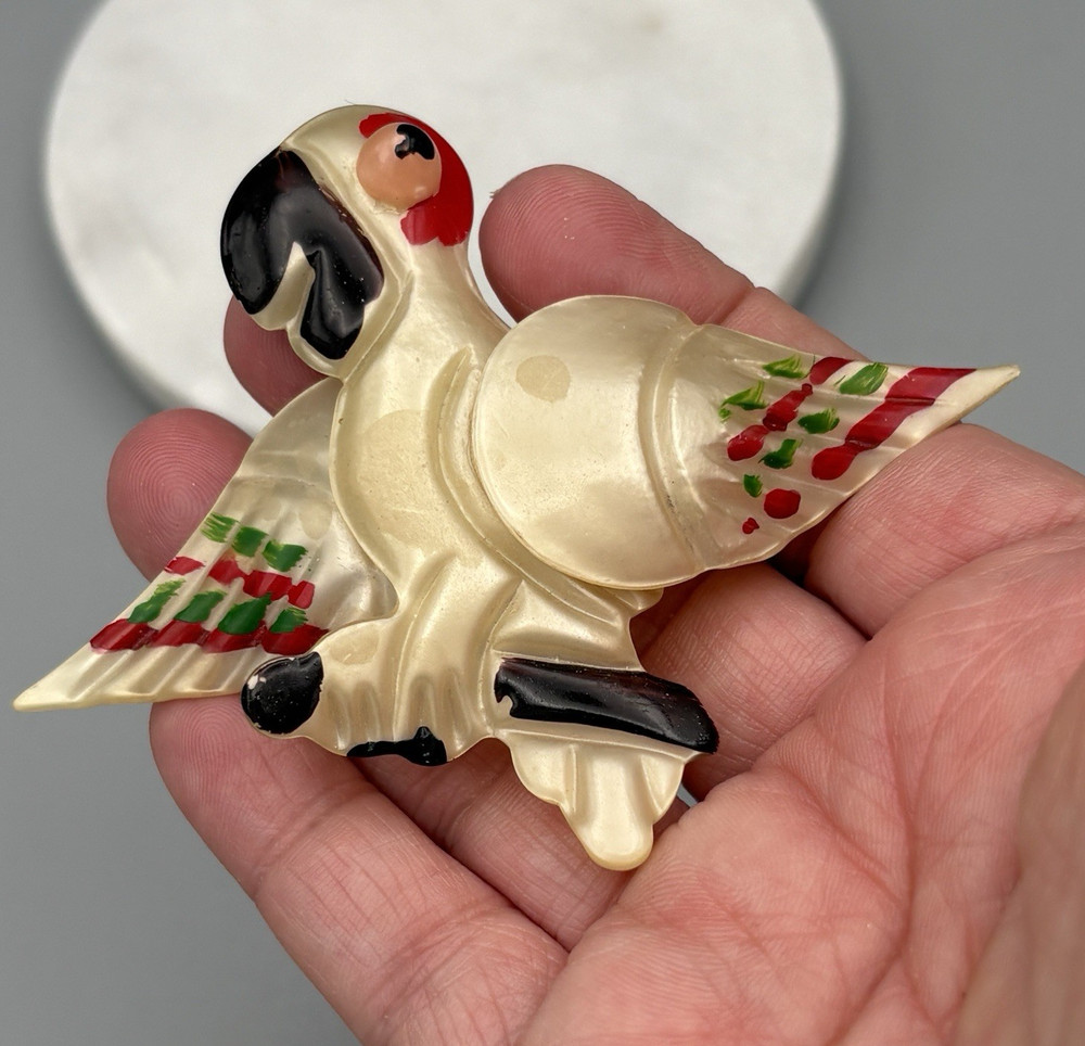 Vintage Lucite Parrot Brooch Reverse Carved Bird Pin 1940s