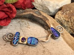 11. Designer 925 Sterling Dichroic Glass Amethyst stone Swirl end Pin 13.3g, 3″