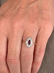 Art Deco Style Garnet & Lab Created Diamond 14k Yellow Gold FN Engagement Ring