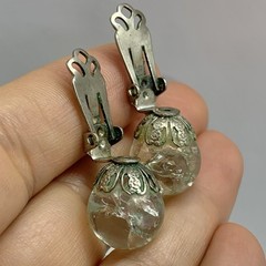 Vtg Clear Crackle Glass Orb Ball Bead Chunky Stud Earrings Clip Huggie