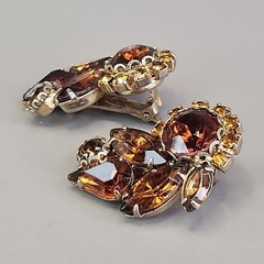 Vintage Rhinestone Clip On Earrings Climber Brown Glass Autumn Fall 1.25″