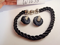 Vintage Twisted Black Cord Push Snap Lock Choker and Clip on Earring Set