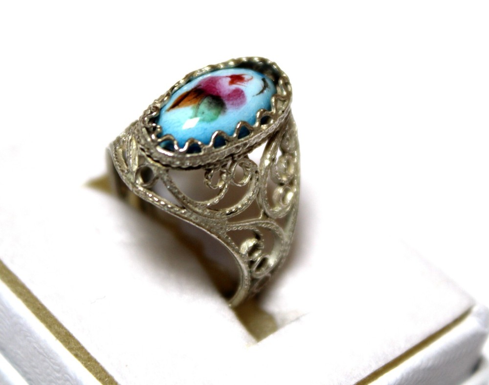 Vintage Unique Russian Enamel Painted Finift Jewelry Filigree Floral Ring #29