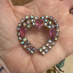 Vtg Pink Iridescent Rhinestone Open Heart Brooch Retro MCM Love Teardrop Stones