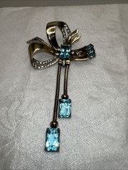 VTG Mazer Sterling Vermeil Aqua Rhinestone Ribbon Bow Dangle Brooch Pin