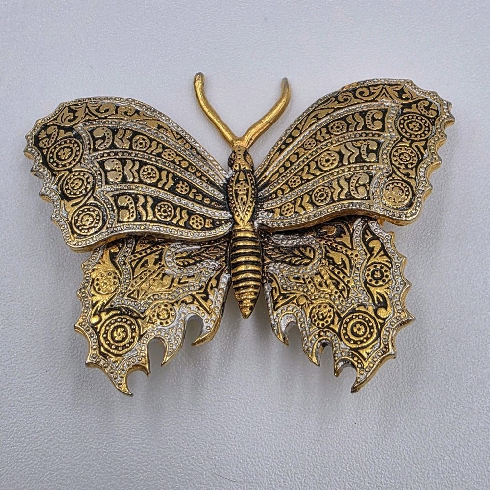 Damascene Butterfly Brooch Pin Spain Gold & Silver Tone Black Enamel 1.75″ READ