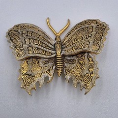 Damascene Butterfly Brooch Pin Spain Gold & Silver Tone Black Enamel 1.75″ READ