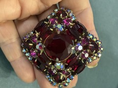 VTG JULIANA DeLIZZA ELSTER RED FUCHSIA RHINESTONE BROOCH EARRINGS SET PARURE