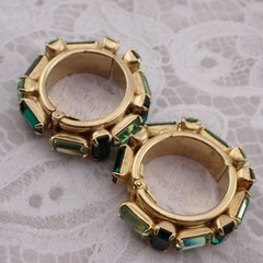 Vintage Unique Green Rhinestone Hinged Hoop Gold Tone Clip Earrings