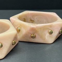 2 Chunky Retro Geometric Hexagon Soft Pink Gold Studed Marbled Bangle Bracelets