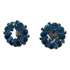 Weiss Signed Peacock Blue Emerald Green Brooch Earring Set Vintage 1960s Jewelry