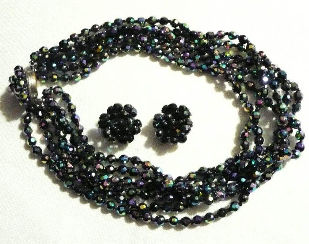 Vtg 6-strands Iridescent Blue Peacock Beaded Glass Necklace Earrings W Germany