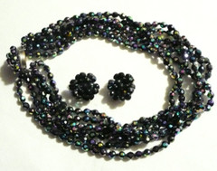 Vtg 6-strands Iridescent Blue Peacock Beaded Glass Necklace Earrings W Germany