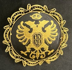 Vintage Toledo Spain Coat Of Arms Damascene Brooch Eagle Trombone Clasp