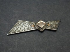 Vtg MCM Studio Modernist Sterling Copper Textured Quartz? Bow Brooch Pin Silver