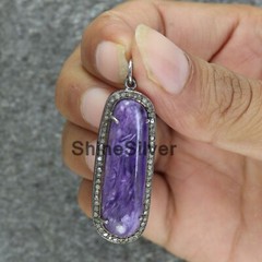 Natural Charoite Pave Diamond Vintage 925 Sterling Silver Charm Women Pendant