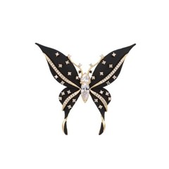 Vintage Black Enamel Butterfly Brooch Gold Tone Crystal Rhinestone Pin