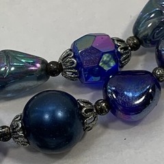 Vintage TRIFARI Cobalt Blue Glass Bead Necklace 2 Tier Peacock Iridescent Silver