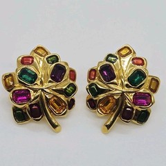 Joan Rivers Leaf Earrings Pierced Crystal Multicolored Gold tone Vintage 1.25 in