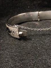 BB Binder Brothers Sterling Hinged Bangle Bracelet Etched Ornate w/ safety chain