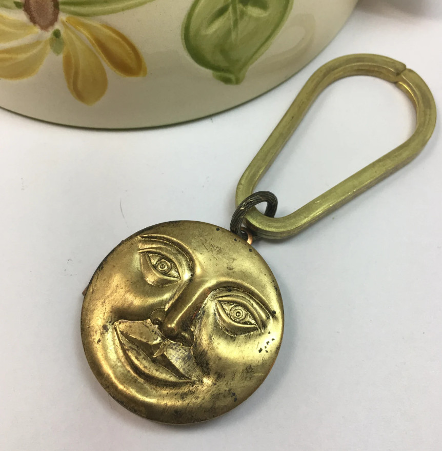 Vintage Brass Moon Face Locket Keychain – 1970s Celestial Charm