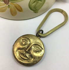 Vintage Brass Moon Face Locket Keychain – 1970s Celestial Charm