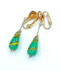 Vintage Venetian Glass Clip Earrings Dangle Hook Green Yellow Striped Cone 1.75″