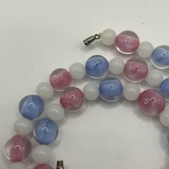 Vintage Art Glass Necklace 22” Pastel Pink Blue White Beads Barrel Clasp