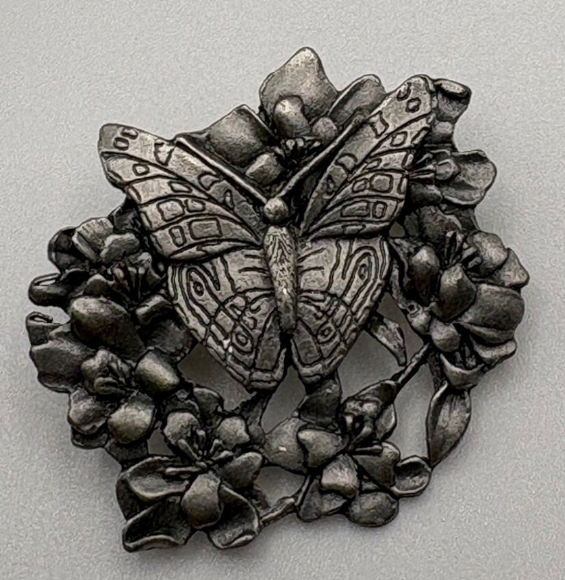 Vintage pewter Birds and Blooms limited edition butterfly brooch pin