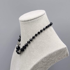 Vintage Black Glass Rhinestone Necklace Silver tone 15″-16.5″