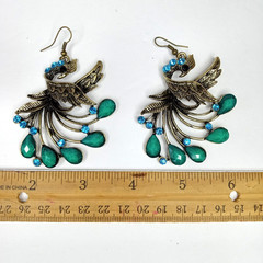 Boho Antique-Bronze Peacock Dangle Statement Earrings Turquoise Rhinestone Drops