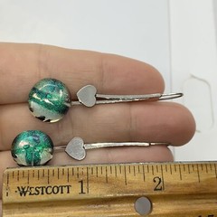 VTG BLUE FOIL GLASS SILVER HEART LONG DROP EARRINGS HOOK EAR WIRE 2”