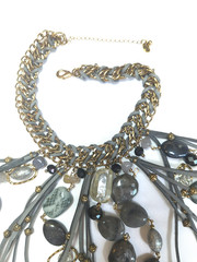 Vtg Erica Lyons Choker Necklace Thick Gold Chain Lg Leather Stone Drops Festival