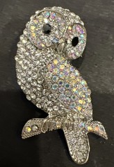 VTG OPC SIGNED AURORA BOREALIS RHINESTONE OWL BIRD BROOCH PIN PENDANT