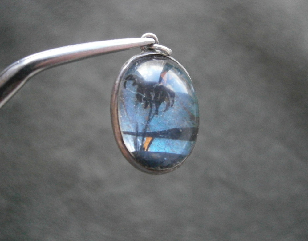 Hand Painted Butterfly Wing Vintage Sterling Silver Bracelet Charm Pendant 1.1g
