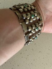 Vintage Silver Mexican Modernist Caviar Link Bracelet W/Small Cabochon Turq Ston