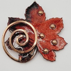 Vintage Matisse Leaf Brooch and Clip On Earrings Copper Enamel Vintage 1950s Set