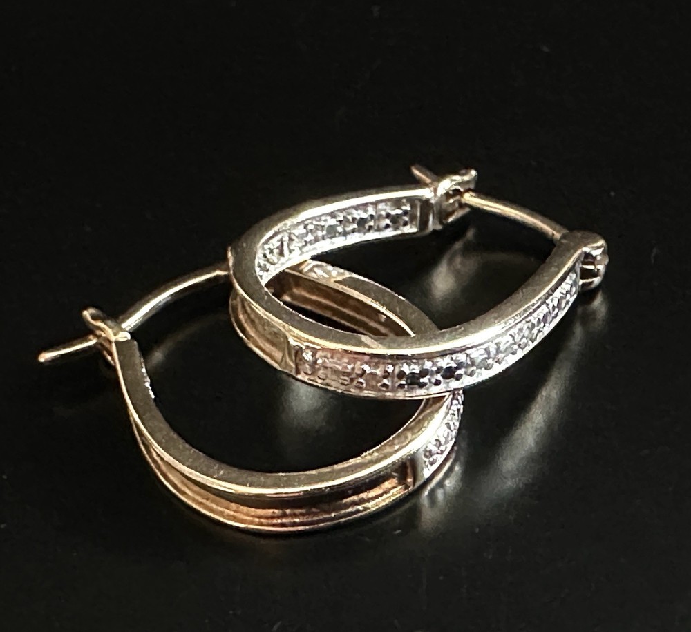 Gold Over 925 Sterling Ross Simons Oval Horseshoe Hoop Diamond Chip Earrings
