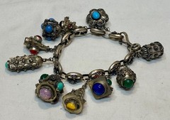 Italian Etruscan Revival 800 Silver Fob Charm Bracelet Semi Precious Stones