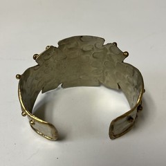 Vtg Mixed Metals Silver Tone Brass Copper Natural Stone Brutalist Cuff Bracelet