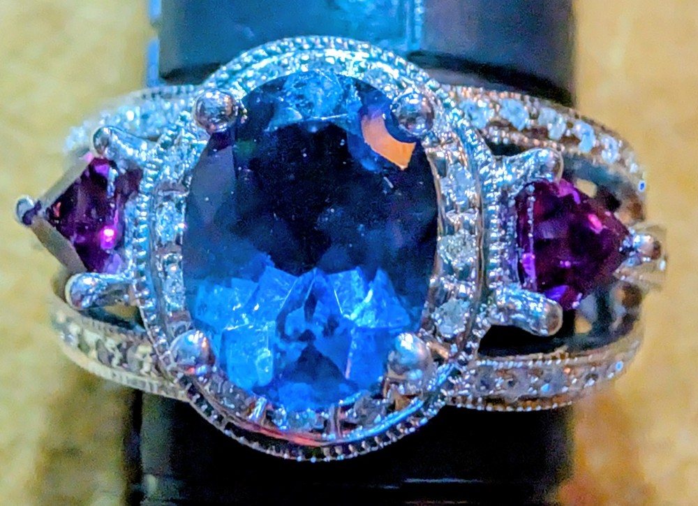 Beautiful Tanzanite, Tourmaline & Diamond 14k White Gold Designer Ring Sz 9