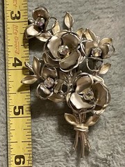 Vintage CORO Gold Tone Clear AB Glass Rhinestone Flower Leaf Brooch Pin