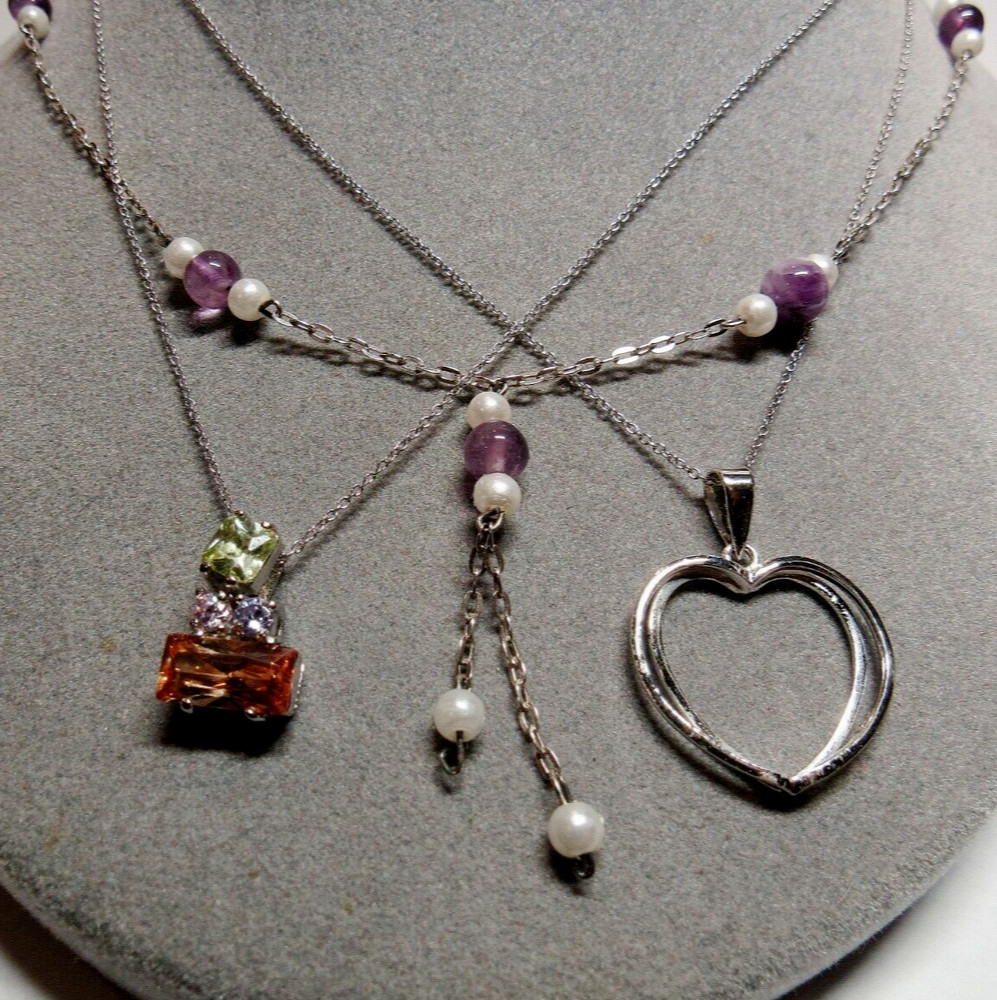 3 Piece Lot 925 Sterling Silver Pendant Necklaces Pearl Cubic Zirconia 16.4g