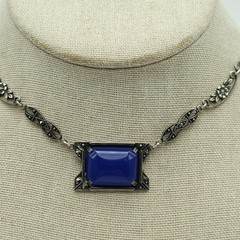 Vintage Sterling Silver 925 Blue Chalcedony Marcasite Necklaces 15.5″