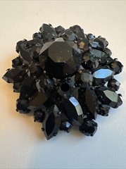 Vintage Jet Black Rhinestone Domed Flower Brooch
