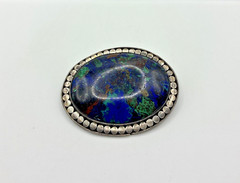 Vintage Brooch Sterling Silver Azurite Malachite Oval Blue Green Gemstone
