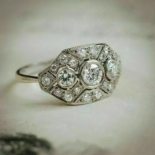 14k White gold Over 2 Ct Round Simulated Diamond Vintage Art Deco Wedding Ring