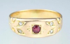 Fine Antique Victorian 18K 15K Gold Ruby Diamond 5-Stone Floral Scroll Ring 5.5