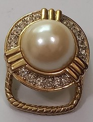 Vtg 1970s 1980s Scarf Slide Ring Gold Tone Large Pearl Cabochon Rhinestone Chunk